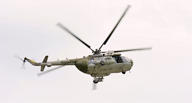CASLAV, CZECH REPUBLIC - MAY 20, 2017: Exhibition of a multi-purpose helicopter of middle class Mil Mi-171S in air during the Open Day at Tactical Air Force Base Caslav on May 20, 2017 in Caslav.