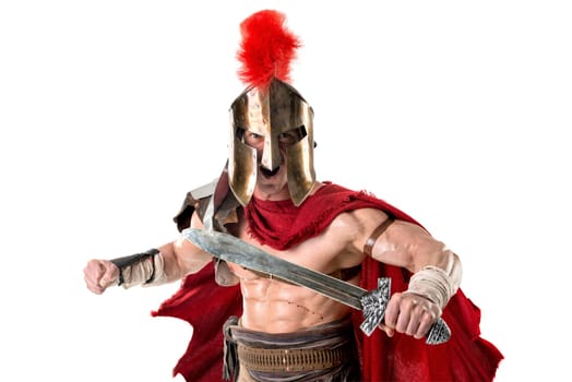 Ancient warrior or Gladiator posing over a white background