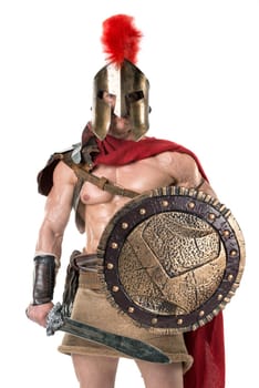 Ancient warrior or Gladiator posing over a white background