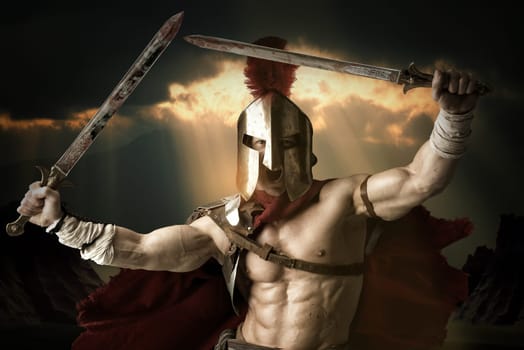 Ancient warrior or Gladiator posing outdoors with helmet