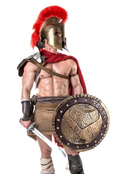 Ancient warrior or Gladiator posing over a white background