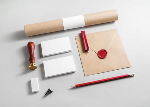 Corporate identity elements on paper background. Blank stationery set. Branding mock up. Blank objects for placing your design.
