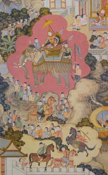 Thai temple mural painting in Chiang Rai, Thailand