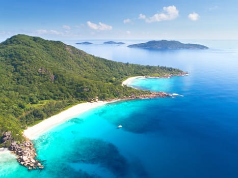 Drone image of the beach bays Anse Cocos,Petit Anse and Grand Anse - Seychelles