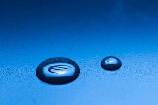 Liquid drops with mirrored EURO symbol on blue background with gradient.