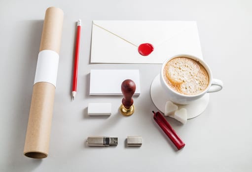 Photo of blank stationery set on paper background. Corporate identity template. Responsive design mockup. Top view.