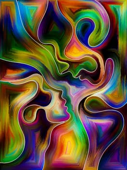 Inner Dialog series. Creative arrangement of human profiles and vivid paint shapes as a concept metaphor on subject of emotions, relationships, human drama, spirituality and design