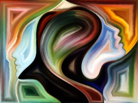 Inner Dialog series. Composition of human profiles and vivid paint shapes on the subject of emotions, relationships, human drama, spirituality and design