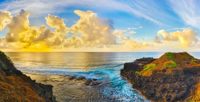 Coastal view at sunrise. Mauritius. Panorama