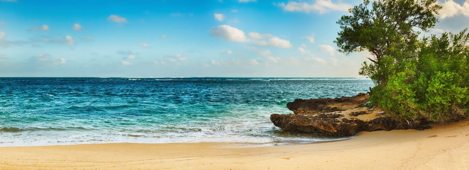Sandy tropical beach at sunny day. Mauritius. Panorama
