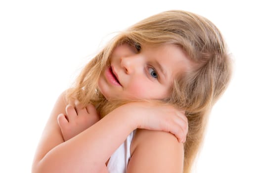 little girl in front of white background