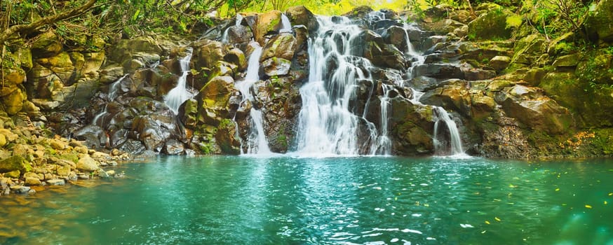 Scenic Cascade Vacoas waterfall. Mauritius island. Panorama