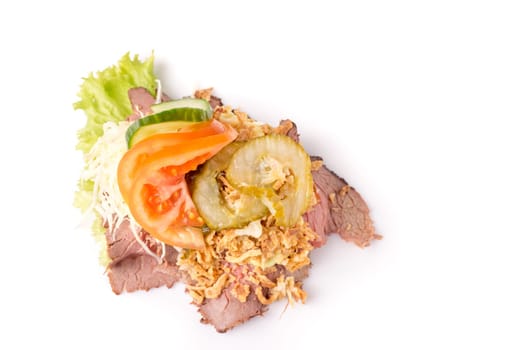 Danish specialties and national dishes, high-quality open sandwich,Roast beef with remoulade and roasted crisp onions, isolated on white background