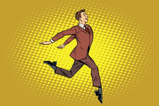 Elegant businessman runs forward. Pop art retro vector illustration
