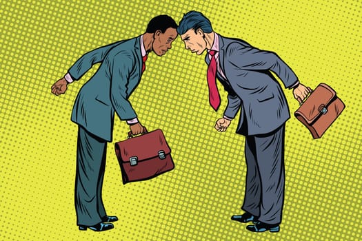 black and white businessman in conflict. Racial discrimination, social issues and politics. Pop art retro vector illustration