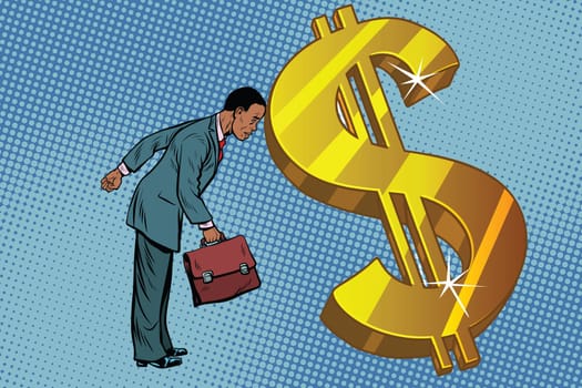 businessman and Finance, the man rested his forehead in dollars. African American people. Pop art retro vector illustration