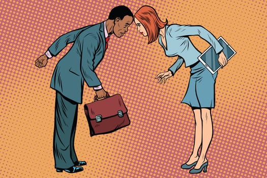 Two businessman in conflict. Racial and sexual discrimination. Pop art retro vector illustration