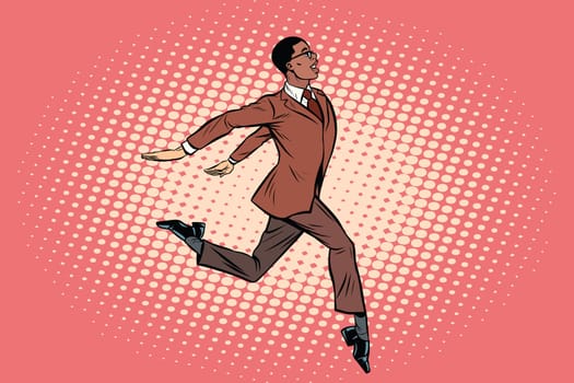 Elegant businessman runs forward. African American people. Pop art retro vector illustration
