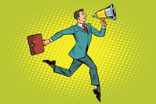 elegant businessman with megaphone. Pop art retro vector illustration