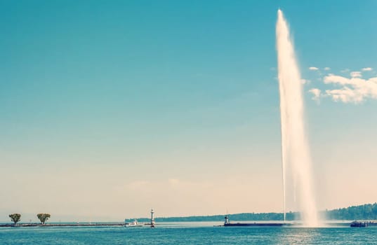 The Geneva Water Fountain, Switzerland with copyspace, vintage effect