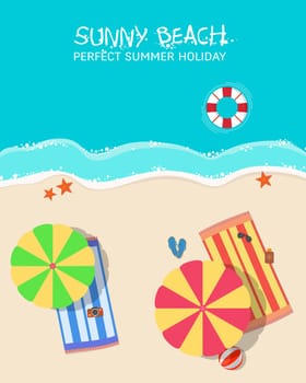 Top view of a sunny beach. Summer vacation concept
