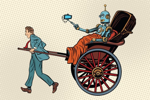 People rickshaw ride robot. Pop art retro vector illustration
