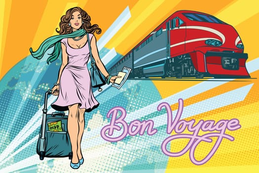 Railroad passenger train, Bon voyage. Beautiful young woman with Luggage. Pop art retro vector illustration