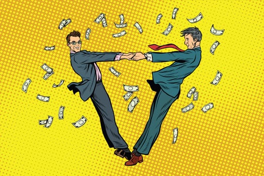 Two businessmen happily dancing in a whirlwind of money. Pop art retro vector illustration
