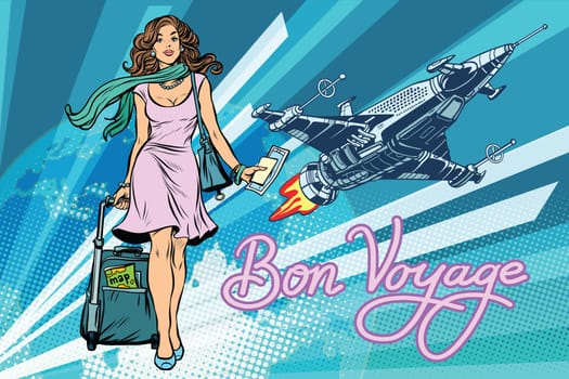 Bon voyage space travel, space tourism. Pretty girl passenger with Luggage. Pop art retro vector illustration