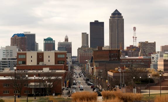 A major street runs through the center of Des Moines Iowa