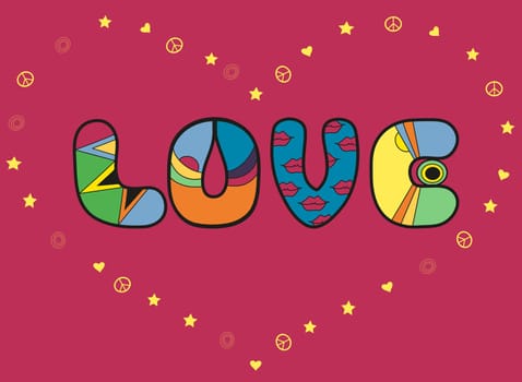 Inscription Love. Colorful artistic font. Romantic card. Big heart by yellow symbols of stars, hearts. Illustration.