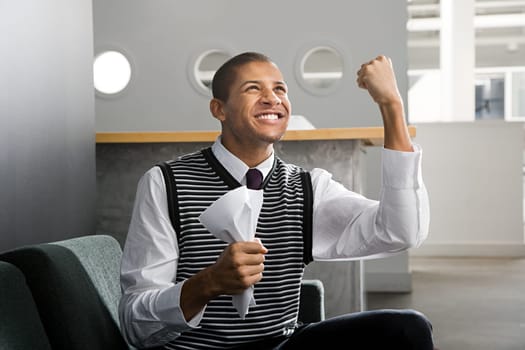 Office worker cheering