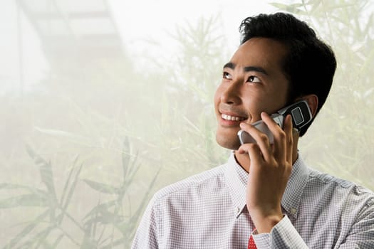 Young businessman using a cellular telephone