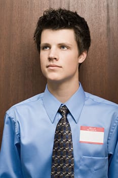 Businessman wearing name tag