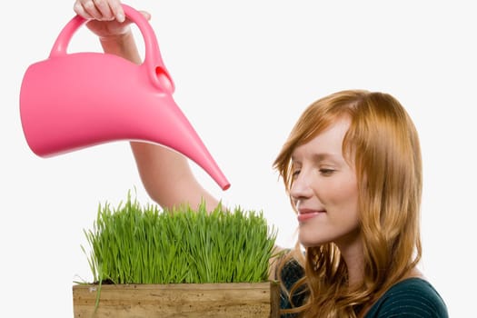 Woman watering grass
