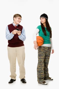 Geek and girl with basketball