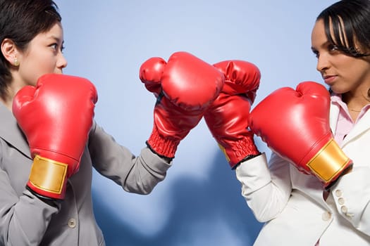 Two businesswomen boxing