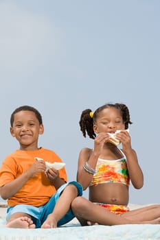 Brother and sister eating sandwiches