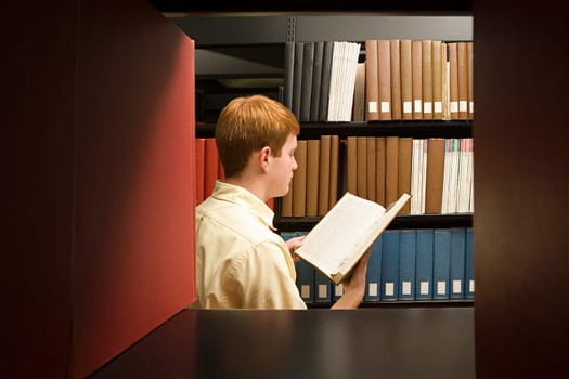 Male student reading in the library