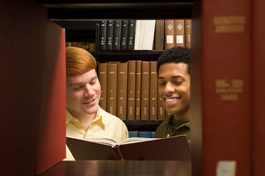 Two students reading in the library