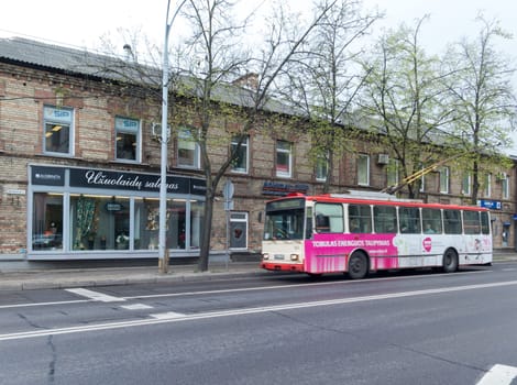 one pink trolleybus on the street in Vilnius on the way to city