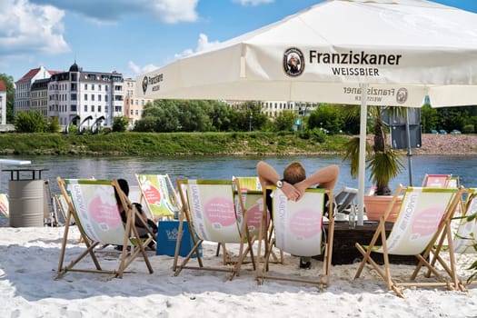 The beach bar on the banks of the Elbe in Magdeburg. The beach bar is one of the most popular destinations in the city in summer