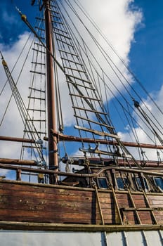 Old collapsing sailboats at the dock, close-up