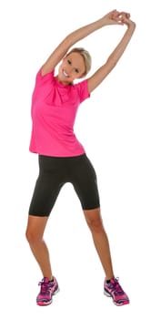 Healthy young blond lady jogging or running isolated on white