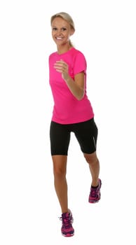 Healthy young blond lady jogging or running isolated on white