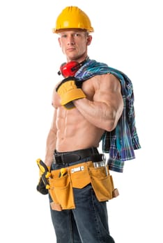 Power shirtless athletic construction worker showing great phisique.