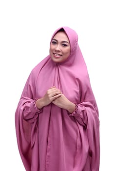 Portrait of asian muslim woman with veil isolated over white background