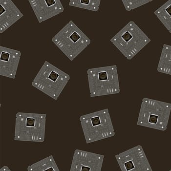 Grey Circuit Board Seamless Pattern Isolated on Dark Background. Part of Computer
