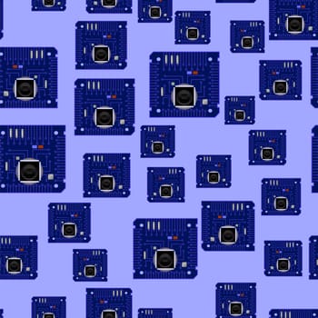 Circuit Board Seamless Pattern Isolated on Blue Background. Part of Computer