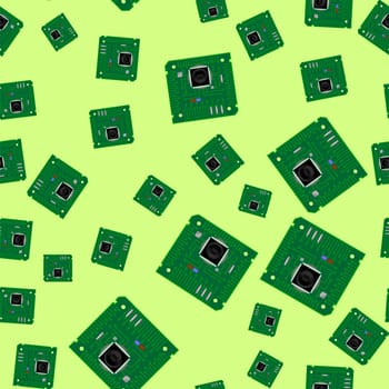 Green Circuit Board Seamless Pattern Isolated on Yellow Background. Part of Computer
